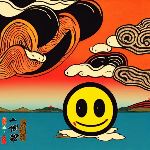 Image similar to melting smiley faces poster in the style of ukiyo - e, 4 k, hd, very detailed and clear