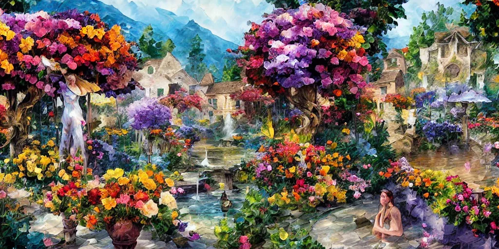 Image similar to flowers and fountains in valley village by arthur adams, charlie bowater, leonid afremov, chiho ashima, karol bak, david bates, tom chambers