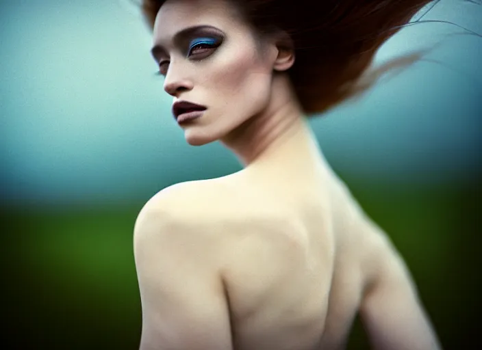 Image similar to cinestill 5 0 d photo of a pre - raffaellite beautiful woman, dreamy, subsurface scattering, hair floating in air in style of paolo roversi, 1 5 0 mm lens, f 1. 2, sharp focus, emotionally evoking, head in focus, stormy outdoor, matt dreamy colour background, volumetric lighting, hyper realistic, ultra detailed