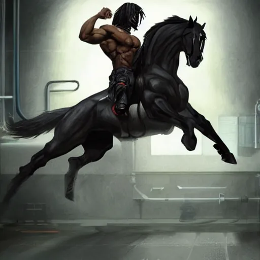 Image similar to splash art of a hyper - muscular black - coated anthropomorphic horse character in a research facility wearing a combat kevlar outfit, long hair, huge exaggerated muscles, highly detailed, furry, furaffinity, digital painting, artstation, sharp focus, illustration, art by artgerm, greg rutkowski, alphonse mucha