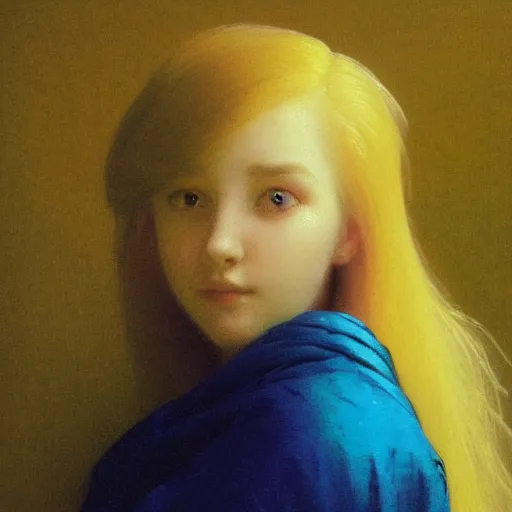 Image similar to a young woman's face, her hair is gold and she wears an cobalt blue satin cloak, by ivan aivazovsky and syd mead and moebius and gaston bussiere and roger dean and pieter claesz and paul delaroche and alma tadema and aelbert cuyp and jan eyck, hyperrealistic, volumetric light, octane render