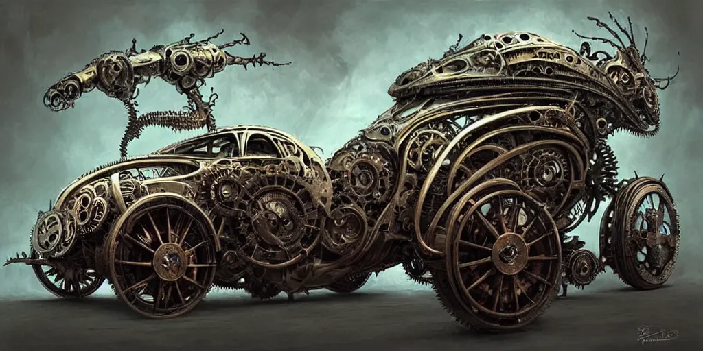 Image similar to biomechanical steampunk vehicle reminiscent of fast sportscar with robotic parts and (glowing) headlights parked in ancient lush palace, gothic and baroque, brutalist architecture, ultradetailed, creepy ambiance, fog, artgerm, giger, Intricate by Ellen Jewett and Josan Gonzalez and Giuseppe Arcimboldo