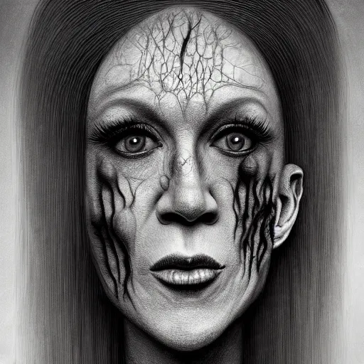 Image similar to portrait of kathy griffin, horror art by beksinski and szukalski and giger and and pyromallis and dzo and iris compiet and seb mckinnon, digital art, highly detailed, intricate, sharp focus, trending on artstation hq, deviantart, pinterest, unreal engine 5, 4 k uhd image