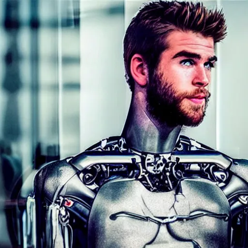 Image similar to “ a realistic detailed photo of a guy who is an attractive humanoid who is half robot and half humanoid, who is a male android, actor liam hemsworth, shiny skin, posing like a statue, blank stare, at the museum, on display ”