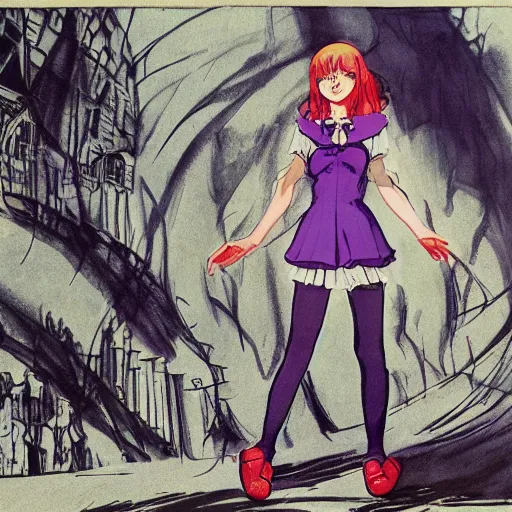 Prompt: anime girl wearing purple dress, red shoes, red hair tie, white tights,, on isekai farm darwyn cooke, bernie wrightson, guido crepax, will eisner, alex toth, bill ward, bob clampett, matte painting concept art