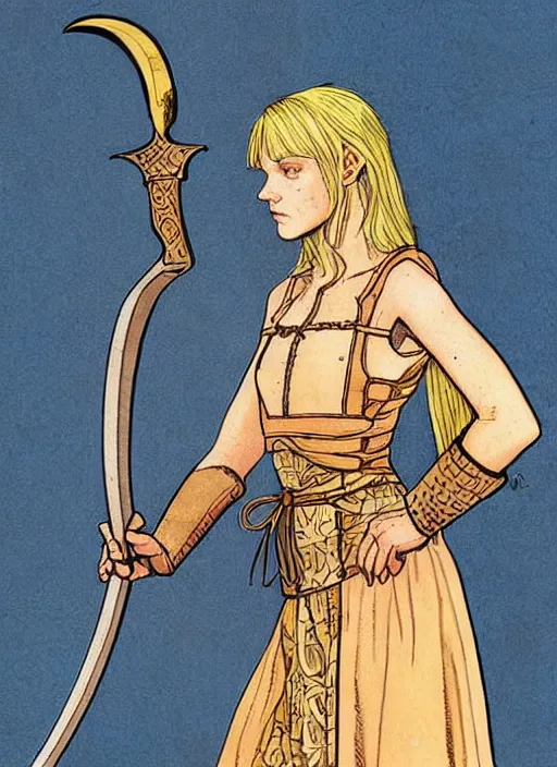 Image similar to young woman in medieval clothing, blue eyes and blond hair, a ribbon in her hair, armed with a sword. art by moebius,