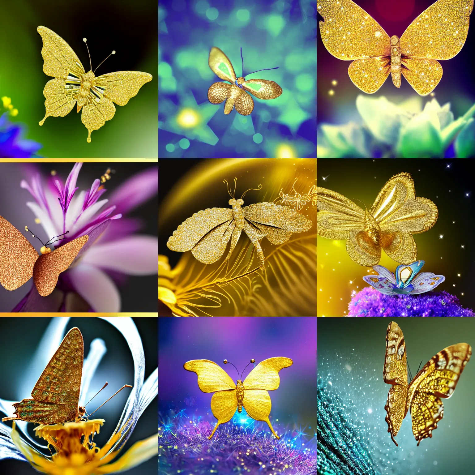 Prompt: intricate macro photography of a sparkling diamond gold butterfly sitting on a mystical alien flower, bokeh, magical, trending on artstation