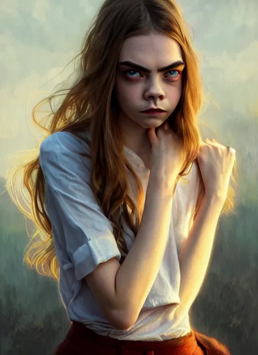 Image similar to half cara delevingne half Anya Taylor-Joy a pure gorgeous seductive angel, full body portrait, slight smile, diffuse natural sun lights, autumn lights, highly detailed, digital painting, artstation, concept art, sharp focus, illustration, art by wlop and greg rutkowski and alphonse mucha and artgerm