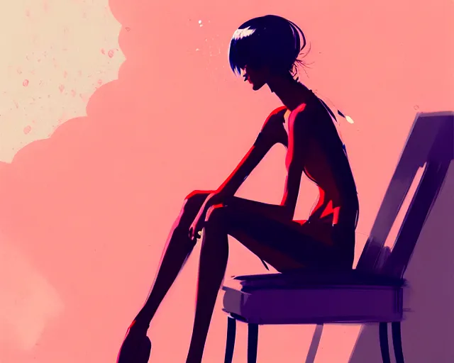 Image similar to a ultradetailed beautiful panting of a stylish woman sitting on a chair, by conrad roset, greg rutkowski and makoto shinkai, trending on artstation