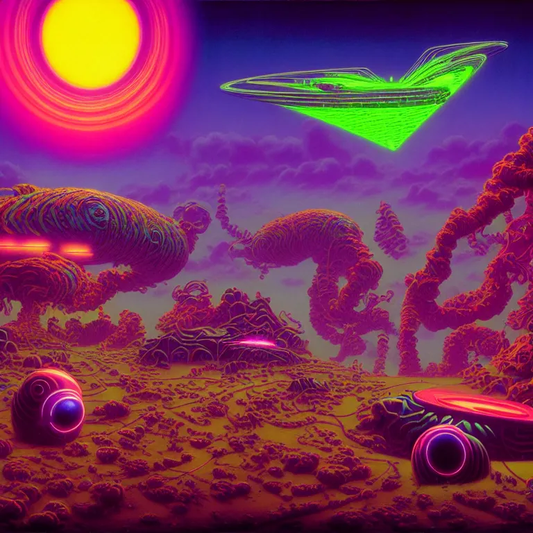 Image similar to strange mysterious creatures, infinite quantum portal, synthwave, bright neon colors, highly detailed, cinematic, panoramic, tim white, michael whelan, roger dean, bob eggleton, chris foss, vladimir kush, kubrick, kimura, isono