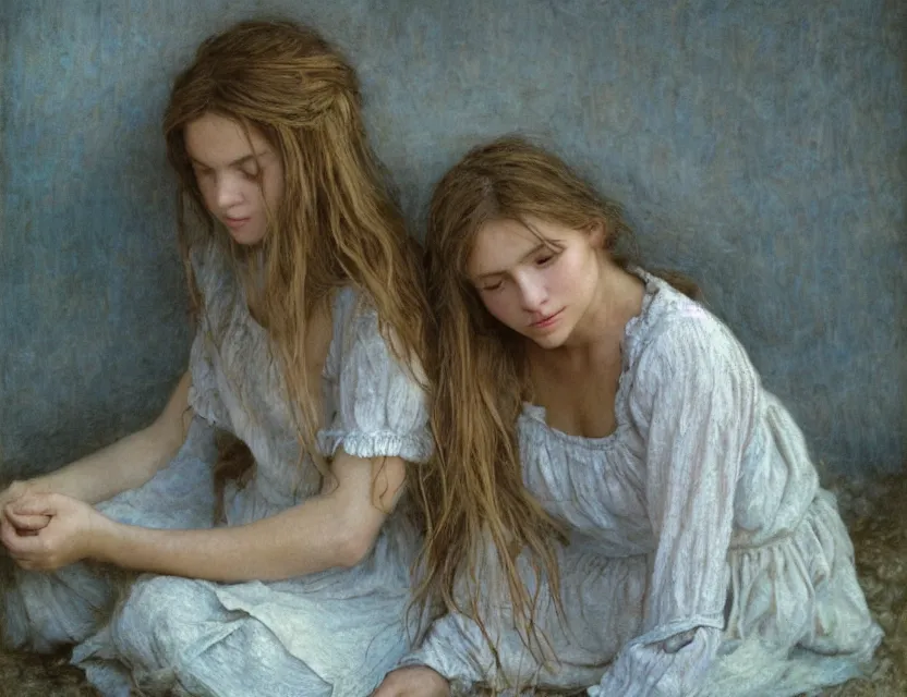 Image similar to peasant girl with long hair yarn knitting, cottage core, cinematic focus, polaroid photo bleached vintage pastel colors high - key lighting, soft lights, foggy, by steve hanks, by lisa yuskavage, by serov valentin, by tarkovsky, 8 k render, detailed, oil on canvas