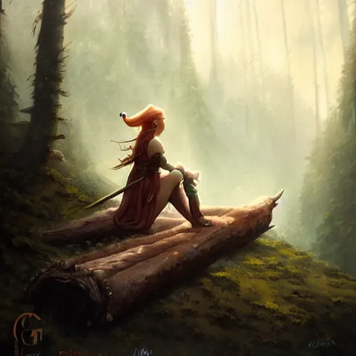 Image similar to a female elf from lord of the rings rests on a log, detailed matte fantasy painting, cinematic lighting, deviantart artstation, by greg rutkowski, by peter mohrbacher