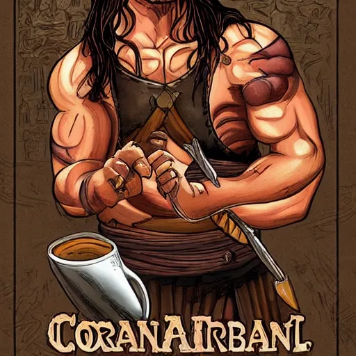 Prompt: conan the barbarian working as a barista in the style of conan the barbarian by frank frazzetta