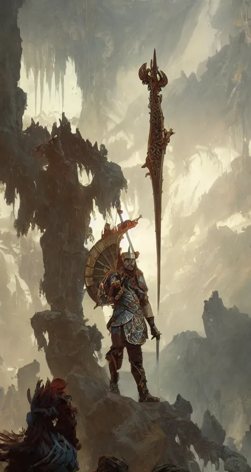 Image similar to the tall hero viking stands triumphantly as he enters the majestic gates of valhalla, highly detailed, digital painting, artstation, smooth, sharp focus, bright, masterpiece, stunning concept art by ruan jia and jakub rebelka and greg rutkowski and alphonse mucha