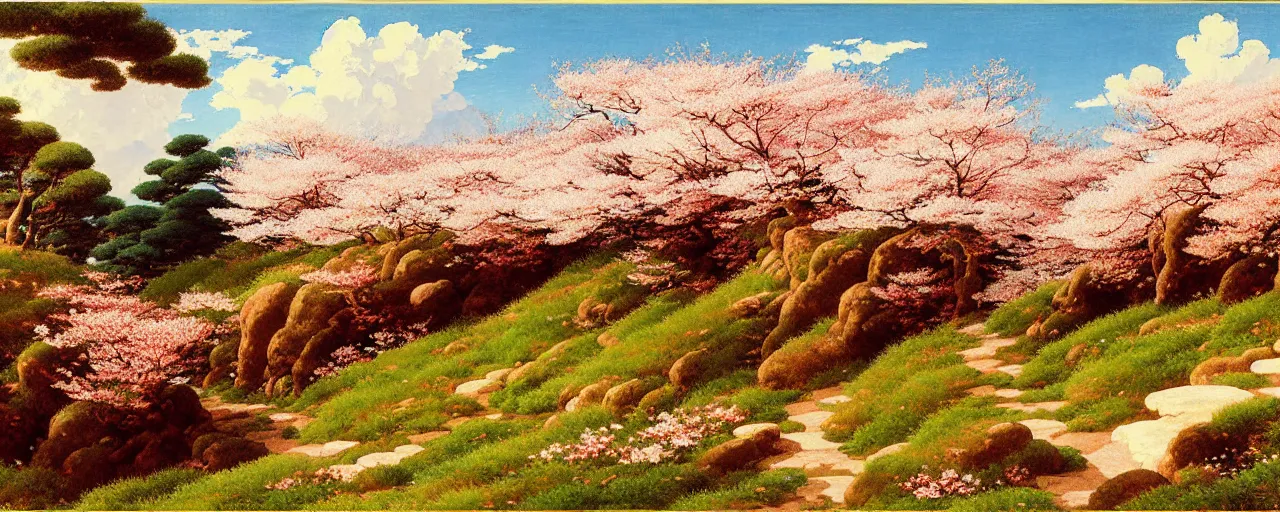 Prompt: ghibli, nippon animation painting illustrated background of a flowery rocky grassy field with red cherry blossom trees, a rocky path with a fence by eugene von guerard, ivan shishkin, john singer sargent