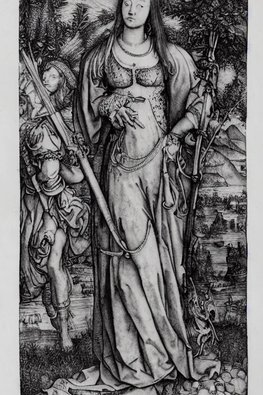 Image similar to albrecht durer, albrecht altdorfer, hans holbein, lucas cranach, gustave dore, engraving-style tattoo of regal female boddhisatva with the attributes of Diana, Athena, Guanyin, Shakti, Isthar, Deborah, and Seshat, wearing a robe, standing gracefully upon a lotus, surrounded by egrets and northern wetland flora