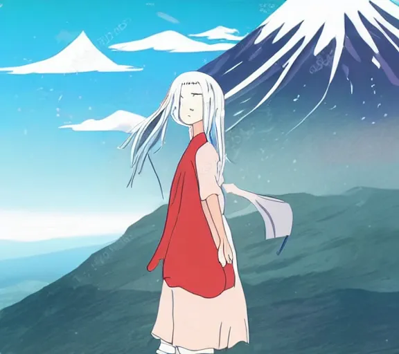 Image similar to beautiful silver hair young woman walking up Mount Fuji in the style of studio ghibli and manga