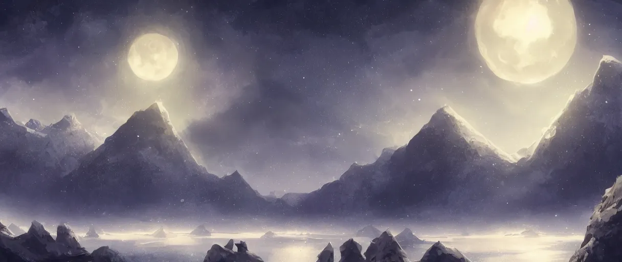 Prompt: snowy mountain range, stars in sky, whales swimming in sky, digital painting, concept art, high detail, style of Jordan Grimmer, fluffy calm clouds, matte painting, high res, moon shine, volumetric, starry sky