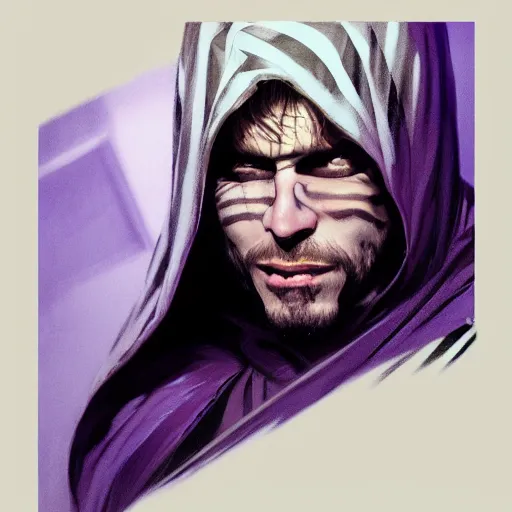 Image similar to ultra realistic illustration, man in a black hood, in a striped purple balaclava, mysterious, highly detailed, digital painting, artstation, concept art, smooth, sharp focus, illustration, art by artgerm and greg rutkowski and alphonse mucha