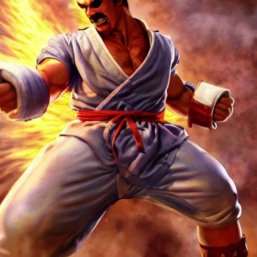 Image similar to freddy mercury as ryu street fighter, uppercut, ultra realistic, concept art, intricate details, highly detailed, photorealistic, octane render, 8 k, unreal engine, art by frank frazetta, simon bisley, brom