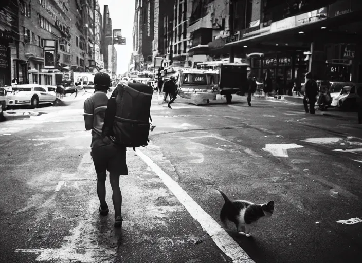 Image similar to photography of a Cat being carried in an half open backpack . in a new york street. award winning photo, led lighting, night, 130mm, sharp, high res