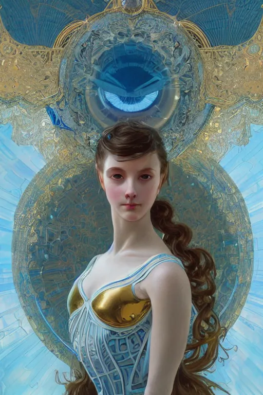 Image similar to hyperdetailed robotic ballerina with blue human eyes, human eyes, symetry, golden ratio, intricate, detailed, volumetric lighting, scenery, digital painting, highly detailed, artstation, sharp focus, illustration, artstation, art by artgerm and greg rutkowski and alphonse mucha