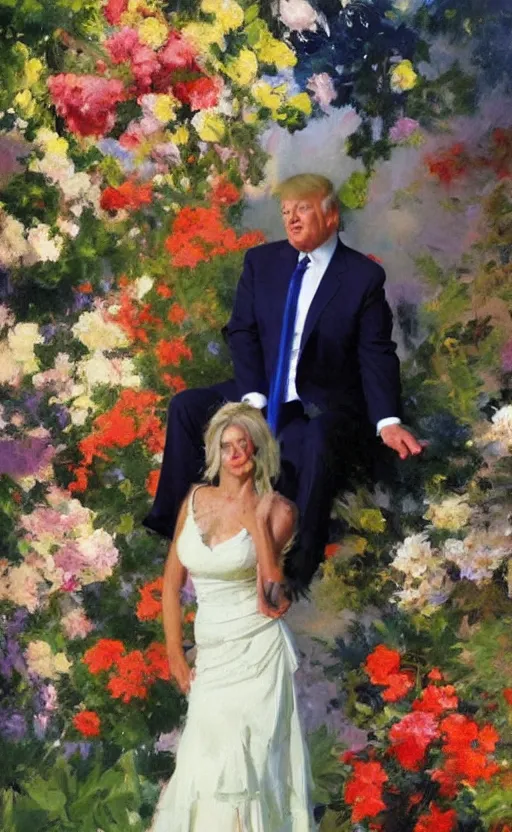 Image similar to romantic portrait of donald trump in an elegant dress surrounded by beautiful flowers, by gregory manchess, james gurney, james jean, realistic, photo, 8 k