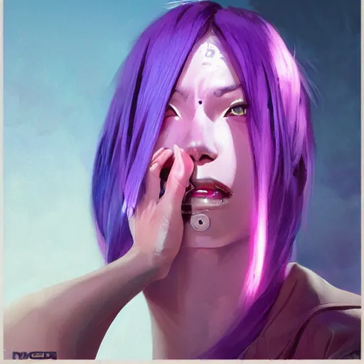 Prompt: cyborg girl with fangs, purple and pink hair, realistic shaded lighting poster by ilya kuvshinov katsuhiro otomo, magali villeneuve, artgerm, jeremy lipkin and michael garmash and rob rey