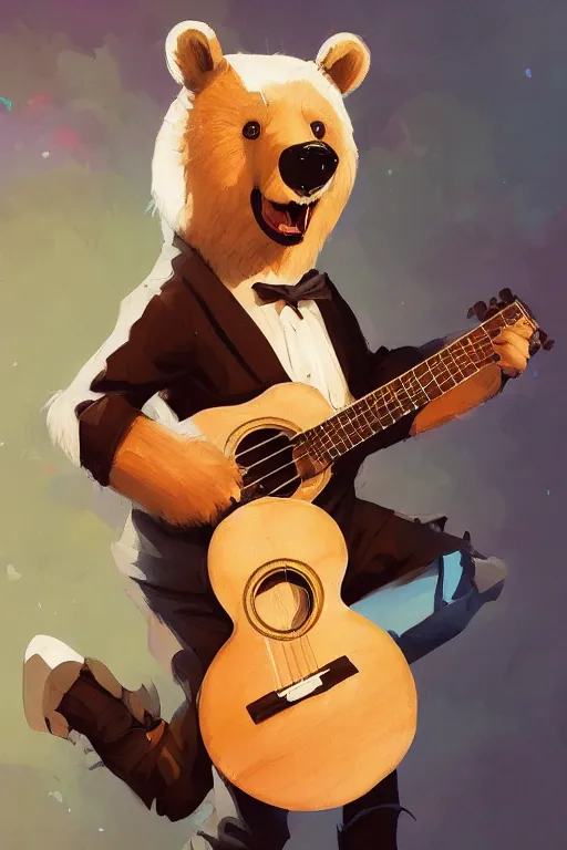 Image similar to Realistic bear as guitarman portrait, triangular v-shaped triangle of ukulele, by Jesper Ejsing, RHADS, Makoto Shinkai and Lois van baarle, ilya kuvshinov, rossdraws global illumination