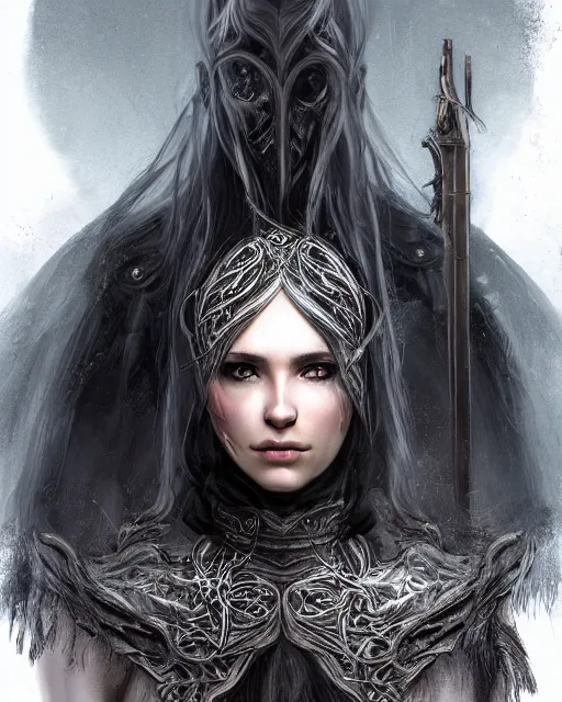 Image similar to portrait of a beautiful female hunter with shimmering hair, symmetrical face and eyes, dressed in intricate silver, cgsociety, Elden Ring, Dark Souls, Bloodborne