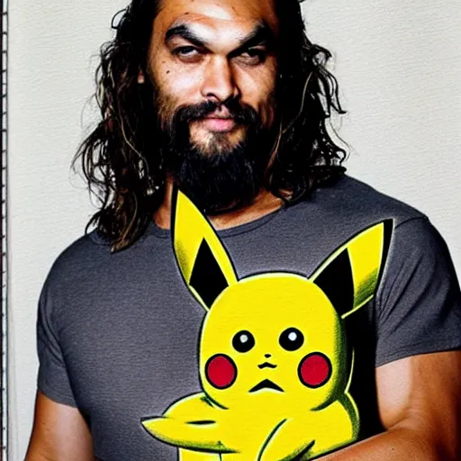 Prompt: Jason Momoa holding Pikachu, lowbrow painting by Mark Ryden