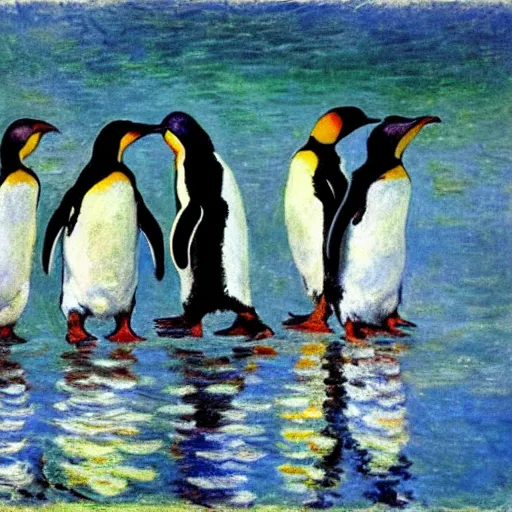 Prompt: four penguins dancing, monet