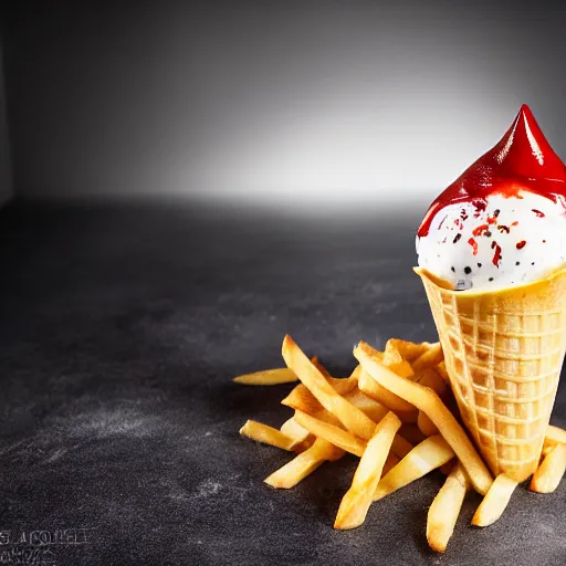 Prompt: a beautiful cone of icecream with french fries and ketchup on it, food photography, studio lighting