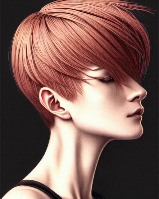 Prompt: ' bored woman with short hair ', closeup shot of face, beautiful shadowing, 3 d shadowing, reflective surfaces, illustrated completely, 8 k beautifully detailed pencil illustration, extremely hyper - detailed pencil illustration, intricate, epic composition, masterpiece, bold complimentary colors. stunning masterfully illustrated by artgerm, range murata, alphonse mucha, katsuhiro otomo.