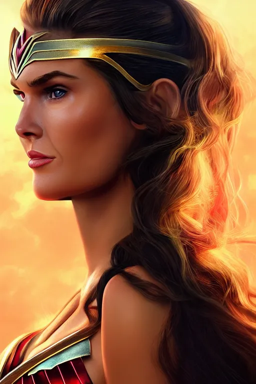 Image similar to portrait of a mix of beautiful young maria shriver, mariel hemmingway, brooke shields and elle macpherson as wonderwoman, thin lips, hair tied up in a pony tail, colorful artstation, cgsociety