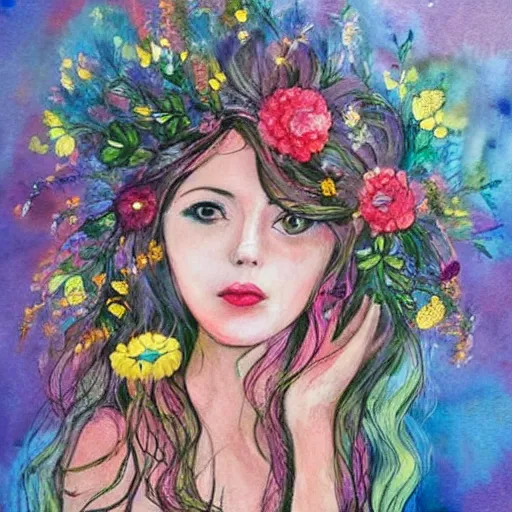 Prompt: portrait of a female with flowers in hair, bokeh, morning light, artist juliette belmonte's profile on artfinder. buy paintings by juliette belmonte and discover thousands of other original paintings, prints, sculptures and photography from independent artists, nice colour scheme, soft warm colour. studio gibli. beautiful detailed watercolor by lurid