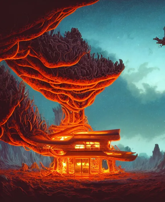 Image similar to a cabin made out of exotic fungus, weird fungus and tendrils, spaceship, sci - fi, robots, somber, partly cloudy, hellscape, hell, fire, brimstone, lava, by dan mumford, yusuke murata, makoto shinkai, ross tran, cinematic, unreal engine, cel shaded, featured on artstation, pixiv