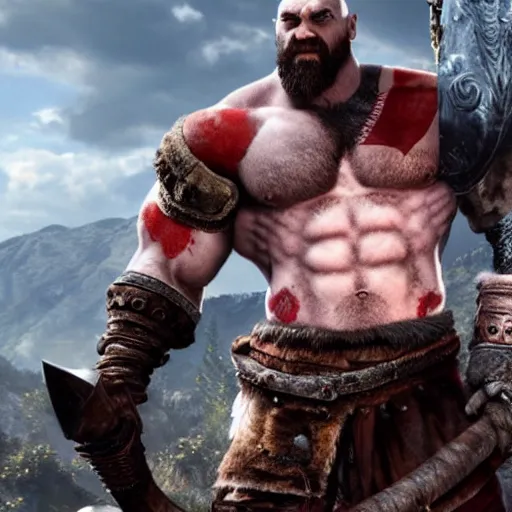 Prompt: kratos with leviathan axe, god of war 2 0 1 8, cinematic render, santa monica studios official media
