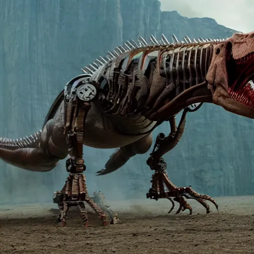 Image similar to cinematic still of westworld, si - fi robotic tyrannosaurus rex, highly detailed