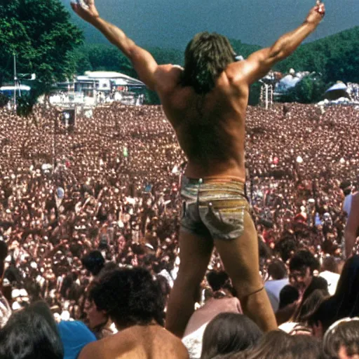 Image similar to hulk performing at woodstock, crowd of people