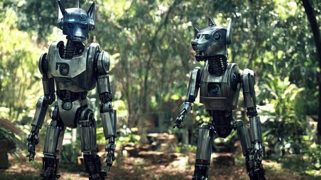 Image similar to film still from the movie chappie of the robot chappie shiny metal outdoor park plants garden scene bokeh depth of field several figures furry anthro anthropomorphic stylized cat ears wolf muzzle head android service droid robot machine fursona