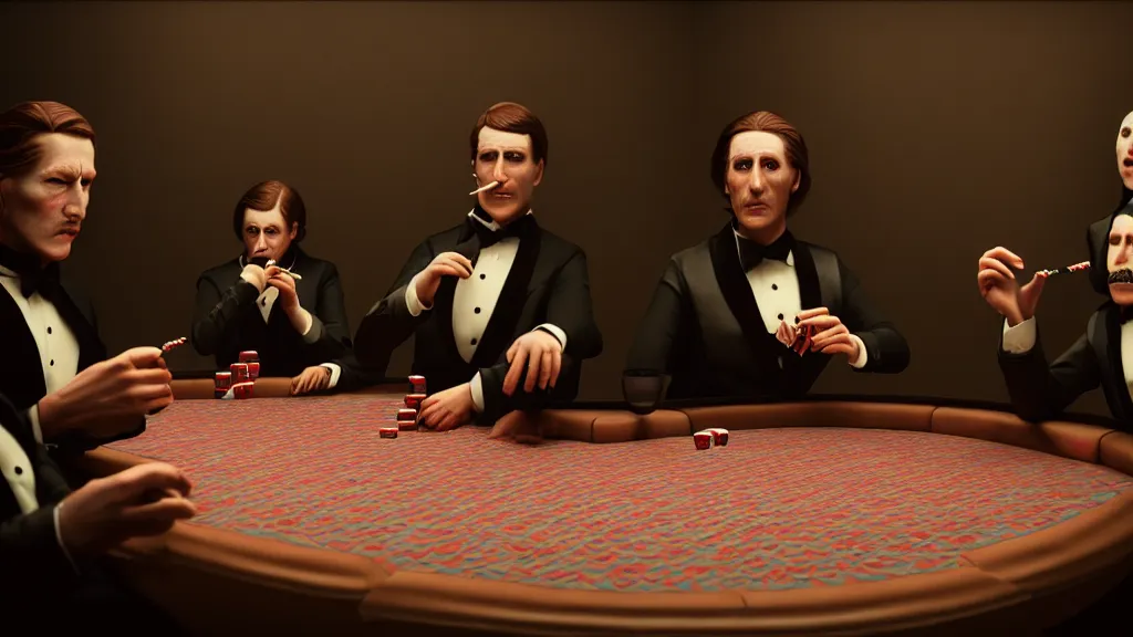 Image similar to hyperrealism simulation highly detailed human turtles'wearing detailed tuxedos and smoking, playing poker in surreal scene from renaissance movie from future by wes anderson and denis villeneuve and mike winkelmann rendered in blender and octane render