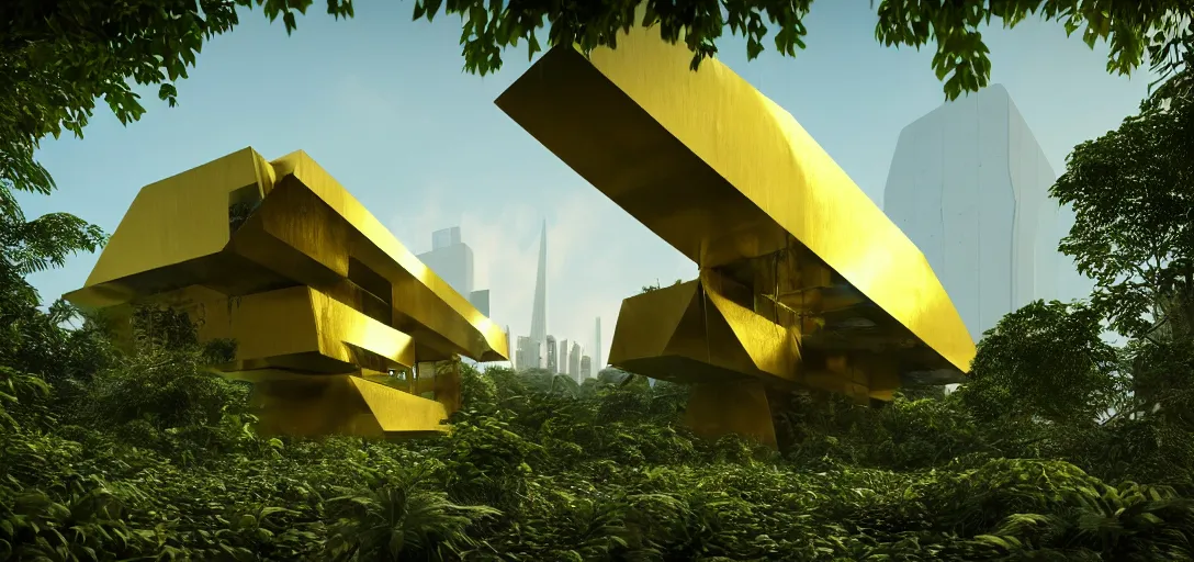 Prompt: futuristic shinny golden building camouflaged in an jungle landscape of a solarpunk world by oscar niemeyer, golden roads le corbusier and frank gerhy, brutalism, movie poster, golden ratio, at dusk lighting, evening lighting, reflections and refractions, film still, hyper realistic, octane render redshift arnold materials unreal engine, 8 k post production, hyper detailed