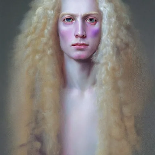 Image similar to a striking hyper real painting of Lucius the pretty pale androgynous albino prince, golden hour, beautiful delicate smile soft pink lips and lavender eyes, long fluffy curly light blond hair by Jan Matejko