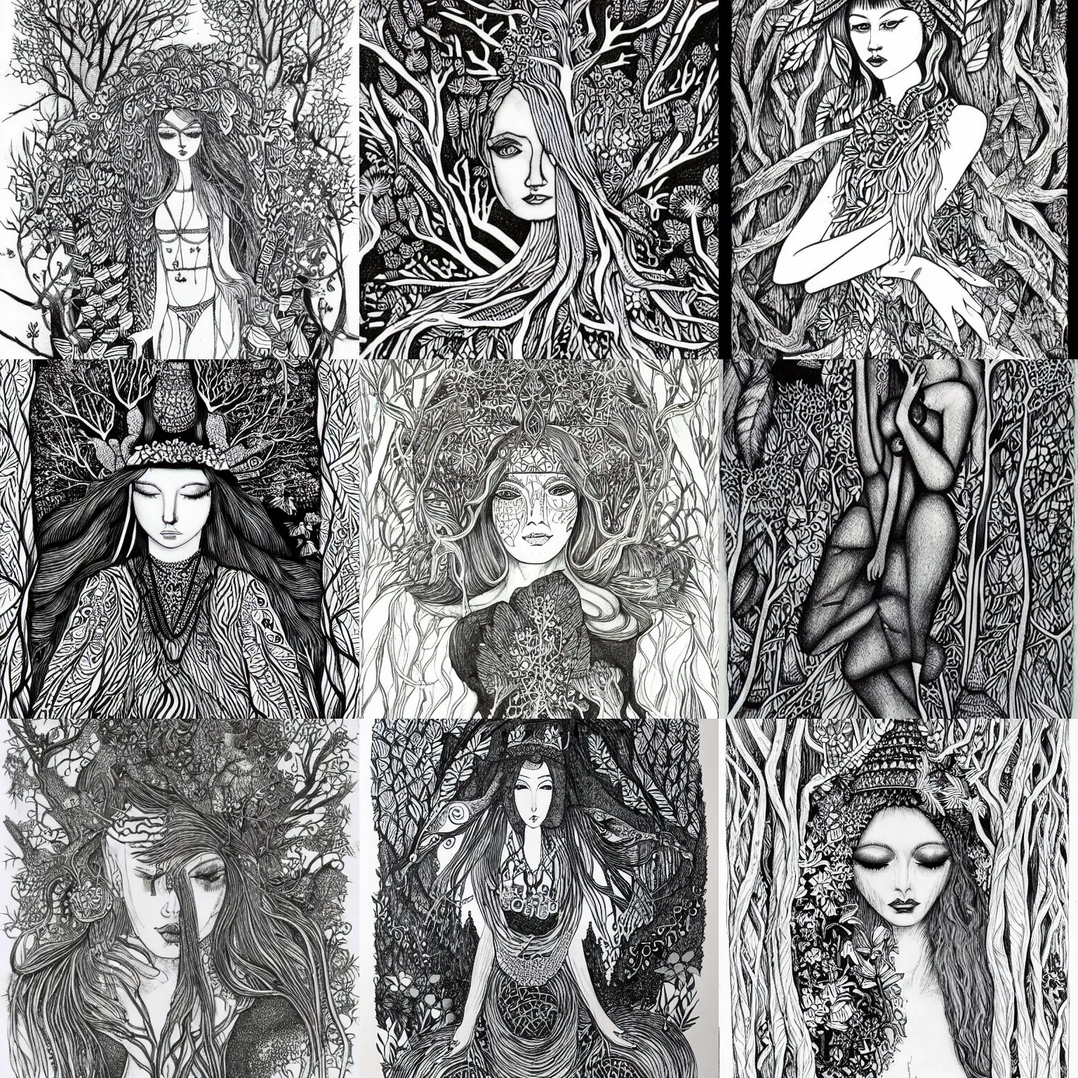 Image similar to goddess of the forest, ink drawing, black ink illustration, by a very talented artist, award winning, intricate detail, mysterious