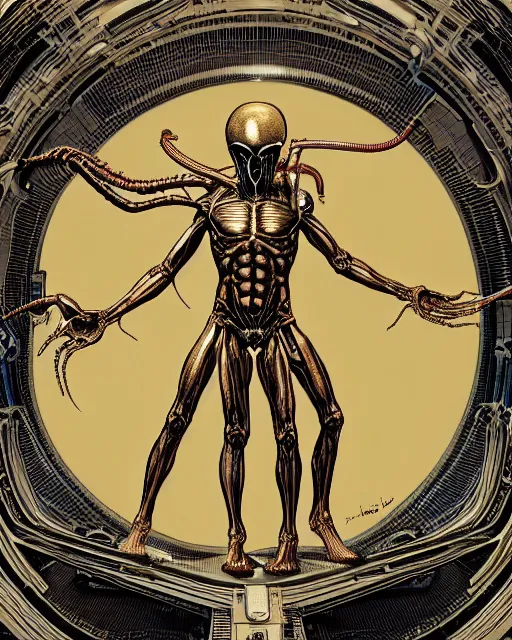 Image similar to space xenomorph as vitruvian man by james jean and moebius, ultra wide angle, full body, no crop, golden ratio, hyper details