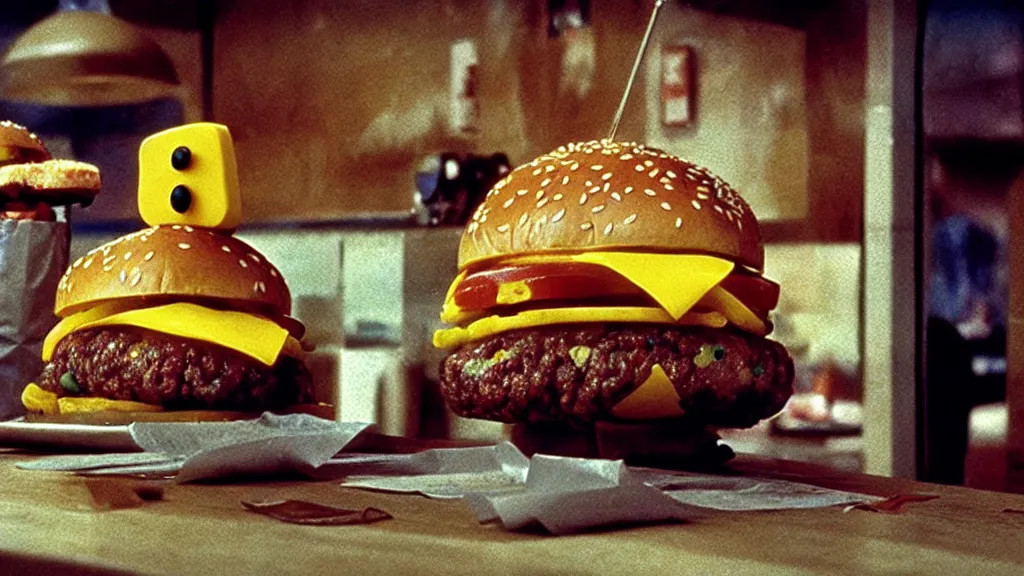 Prompt: the strange cheeseburger creature at the fast food place, film still from the movie directed by denis villeneuve and david cronenberg with art direction by salvador dali and zdzisław beksinski