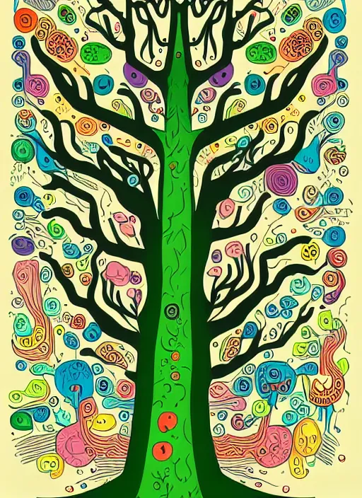 Prompt: an illustration of a tree character with arms and legs, simple and complex, intricate details, vibrant, colorful, a masterpiece, by marco bucci