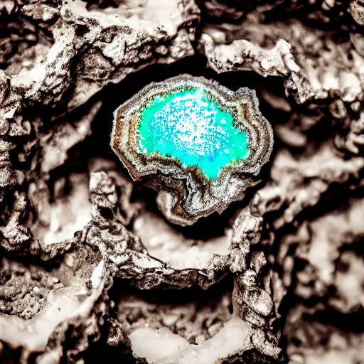 Prompt: photography of a geode with a a small body of an alien skellet inside it