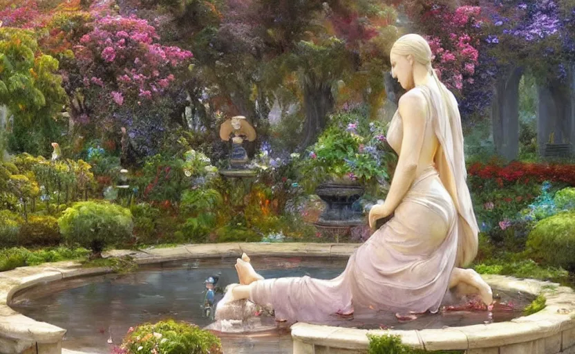 Image similar to The kneeling statue of a woman in a beautiful garden, next to a fountain and a mystical palace, and all this in a foggy and mysterious atmosphere. Fantasy and concept art by Konstantin Razumov.